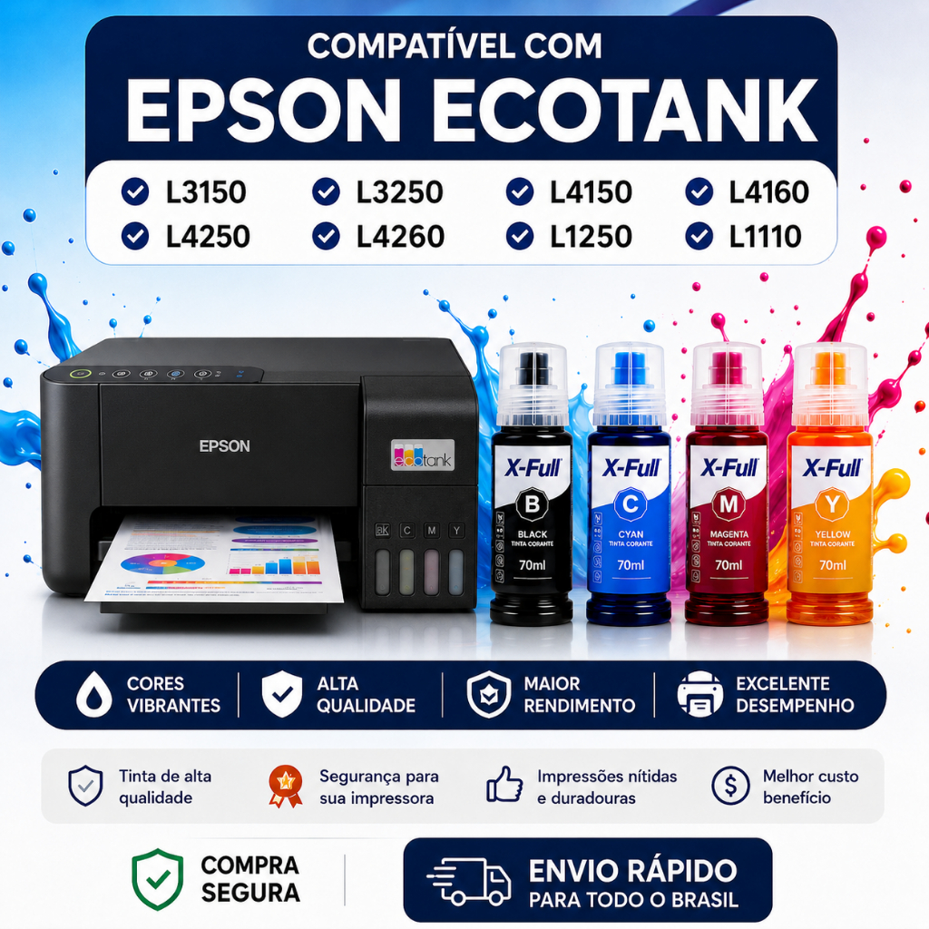 KIT 4 Tintas Compatível EPSON ECOTANK 504 544 L3150 L3250 L4150 L4160 L4250 L4260 L1250 L1110 XFULL.