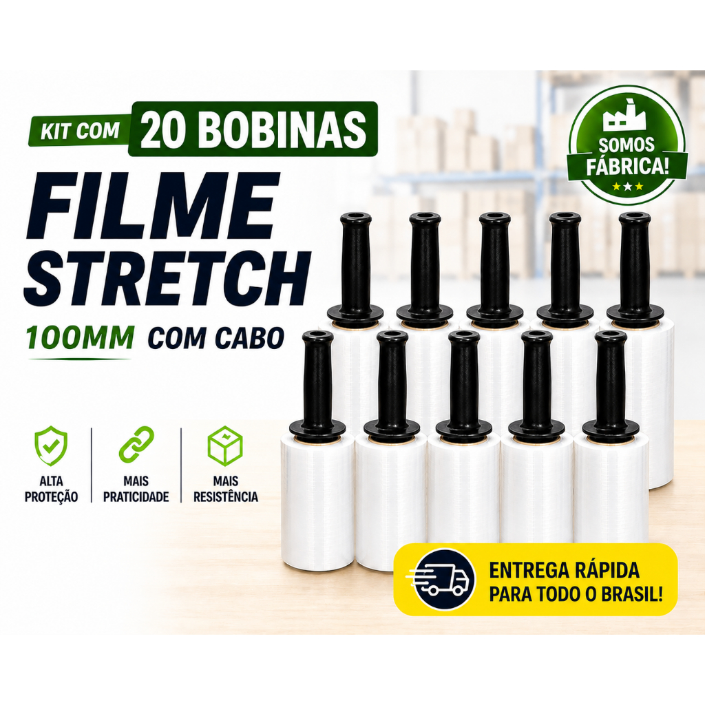 20 Rolos Filme Stretch C/ Cabo Aplicador (10cm) 100 Metros cada bobina - Ecommerce/Marcenaria/Móveis