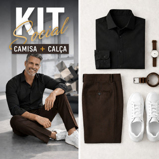 Kit Camisa Social + Calça Social Reta Tradicional Masculina 4 Pregas Bolso Faca Lateral e Embutido