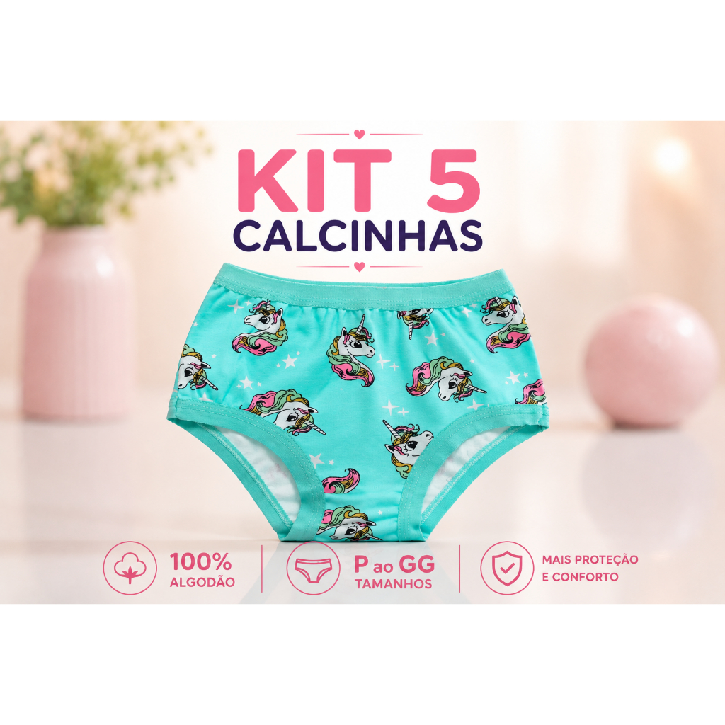 Kit 5 Calcinhas Infantil Menina Algodão Confortável estampada | Modelagem Larguinha | Forro 100% Algodão