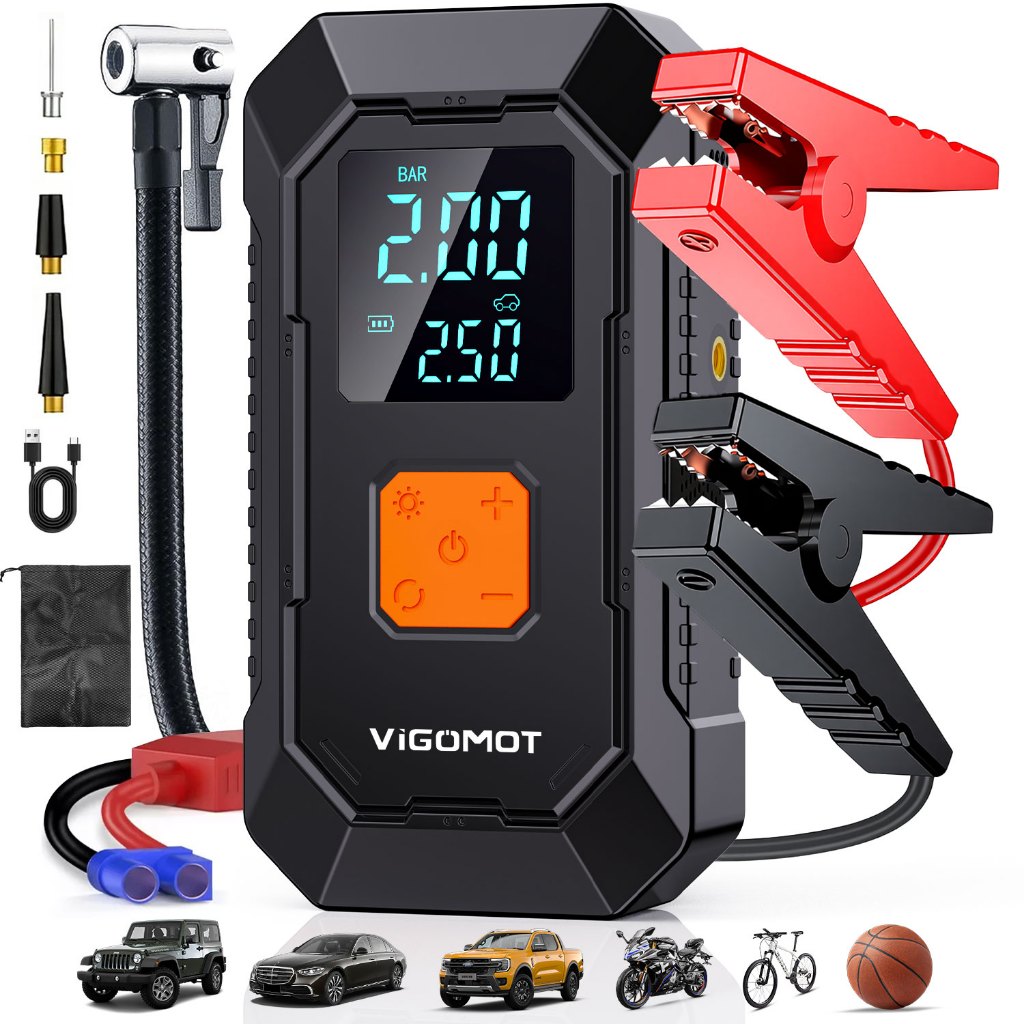 Vigomot Dispositivo Auxiliar de Partida, 6000mAh, Compressor Integrado Multiuso para Veículos 12V