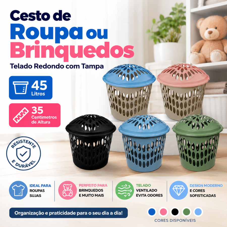 Cesto de Roupa ou Brinquedos Telado Redondo com Tampa 45 Litros P  35 Centímetros de Altura