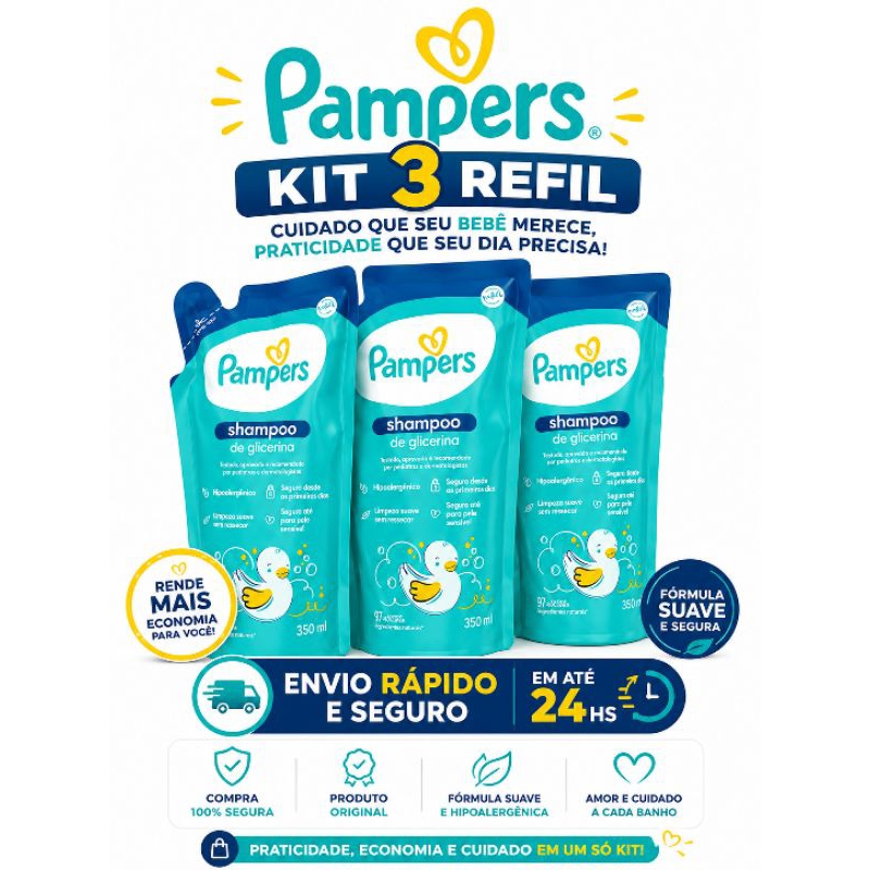 Kit 3 Refil Shampoo Pampers Glicerina 350ml - Cuidado Suave e Seguro