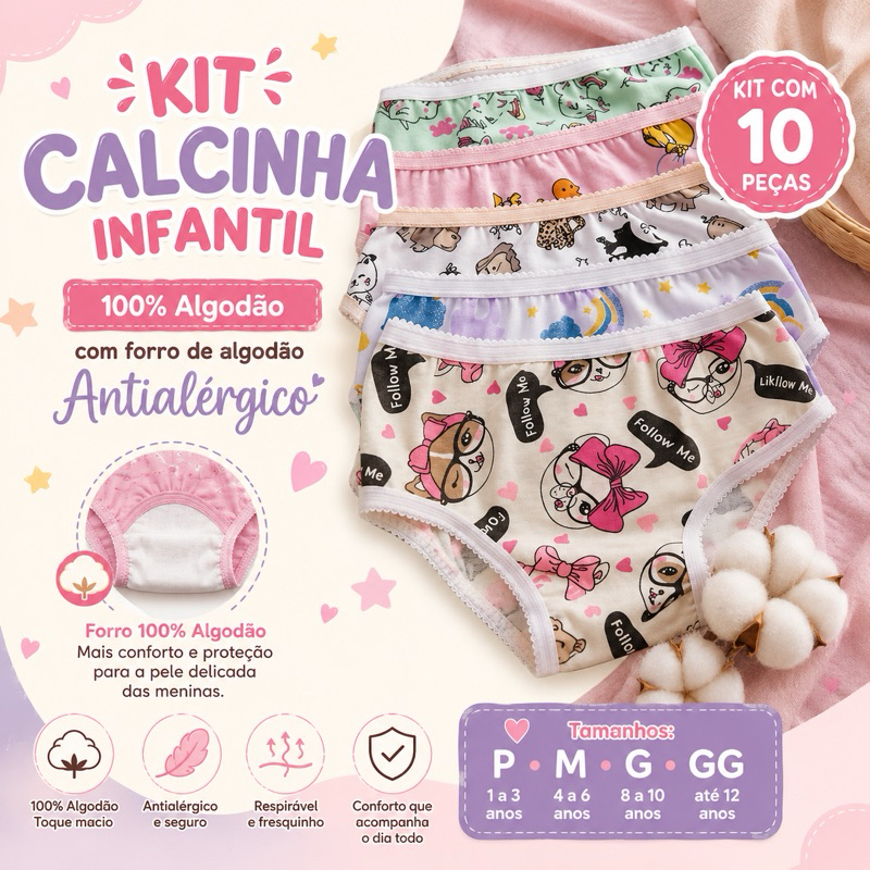 Kit Calcinha Infantil Menina 10 Unidades 100% Algodão Com Forro Estampas Variadas Menina Premium