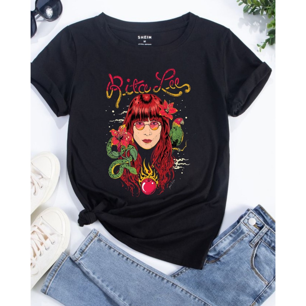 Camiseta Dark Preta Feminina Estampa Rita Lee Rock Tendência 100% Algodão Premium Casual Confortável