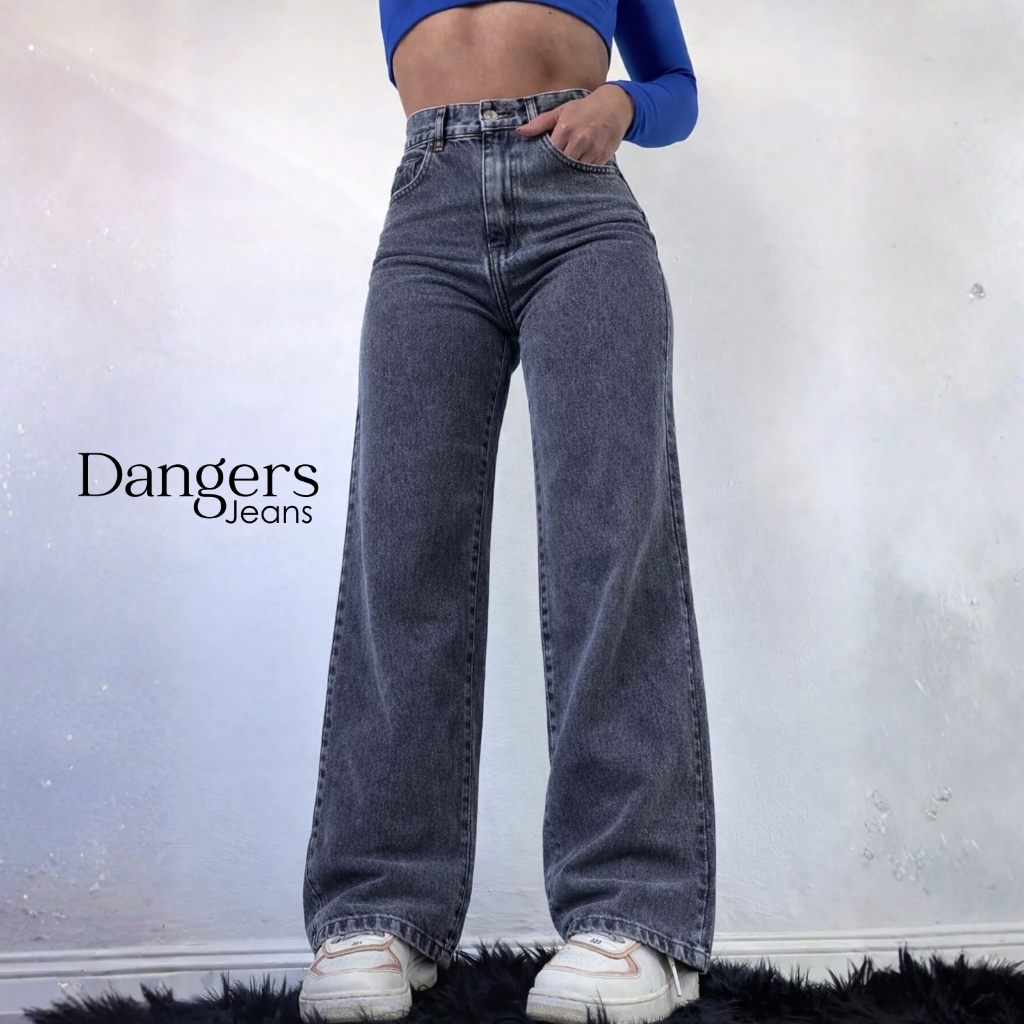 Calça Jeans Wide Leg Feminina Marmorizada Cintura Alta 100% Algodão Sem Lycra