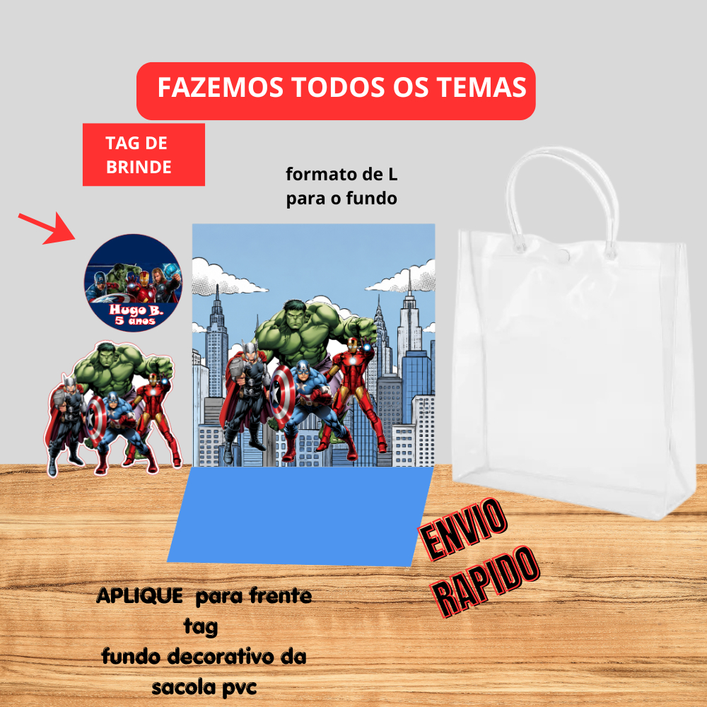 Fundo Decoração interna para sacolinha transparente Personalizado | Lembrancinha Aniversário |vingadores-QUALQUER TEMA