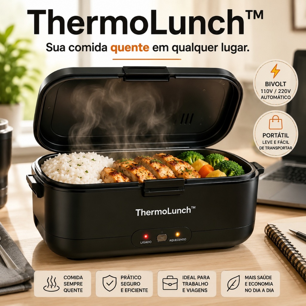 Marmiteira Elétrica Bivolt ThermoLunch™ Portátil Aquecedor de Marmita Refeições Quentes 110V 220V Preta