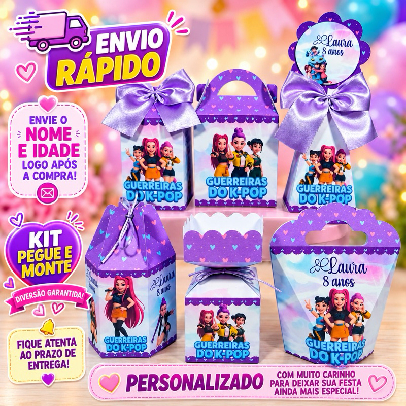 kit festa de aniversário Guerreiras k pop aniversário lembrancinha caixinha personalizadas