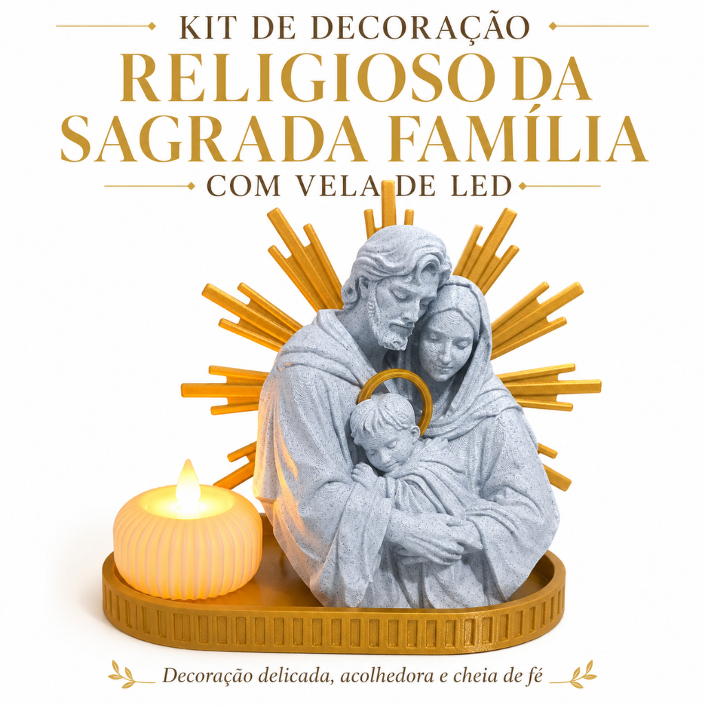 Kit Escultura Decorativa Sagrada Família Católica com Vela de LED Decoração Religiosa para Sala Quarto Altar e Presente