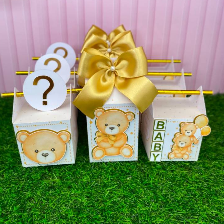 Kit Festa Luxo Chá Revelação Ursinho Neutro Dourado-Bege - Personalizados Lembrancinhas Caixinhas
