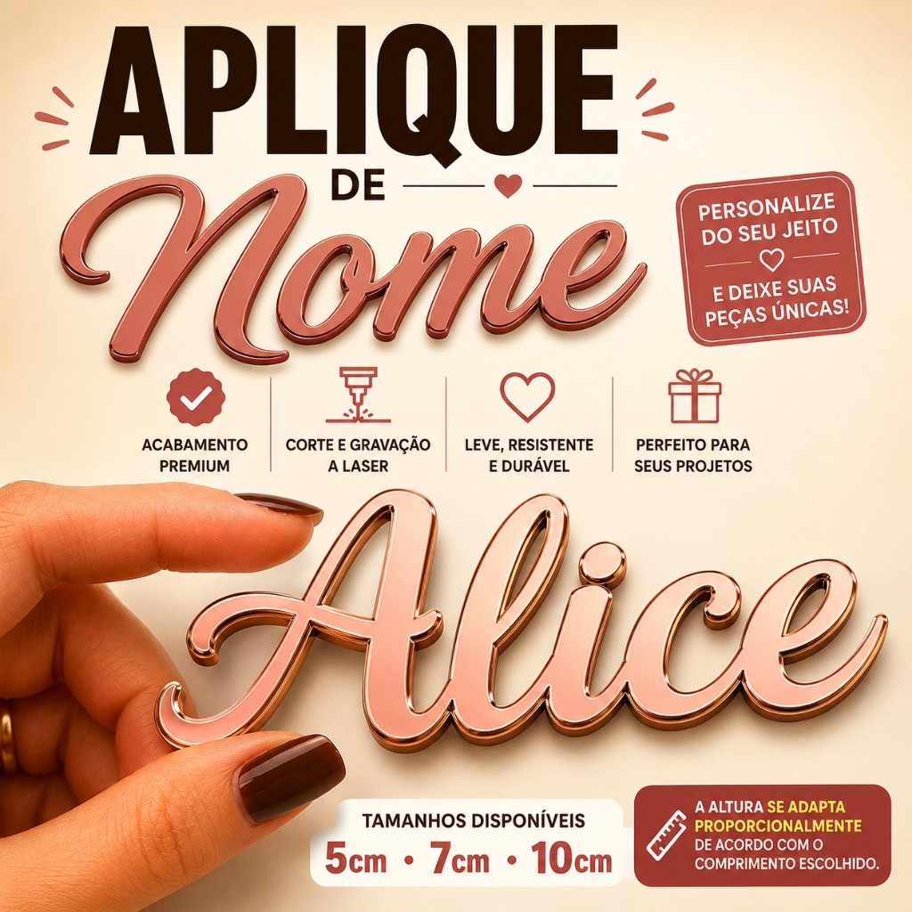 Detalhes do Aplique Nome de Luxo 5 - 7 - 10cm Acrílico Espelhado - Apliques - Nome Personalizado