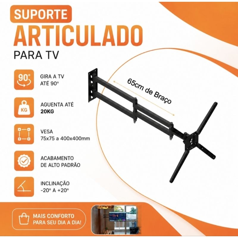 Suporte Tv Parede Braço Longo de 65cm Tri Articulado Com Inclinação Até 65"