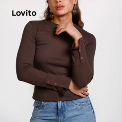 Lovito Blusa Casual Feminina Manga Longa com Botões na Manga BLB17481778