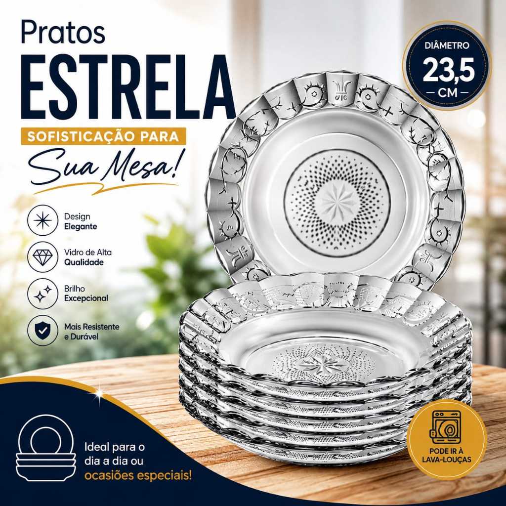 Jogo Pratos Vidro Estrela Prato Fundo Transparente Resistente Cozinha Mesa Jogos Pratos