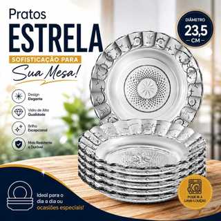 Jogo Pratos Vidro Egipcio Estrela  Prato Fundo Transparente Resistente Cozinha Mesa Pratos Vidro