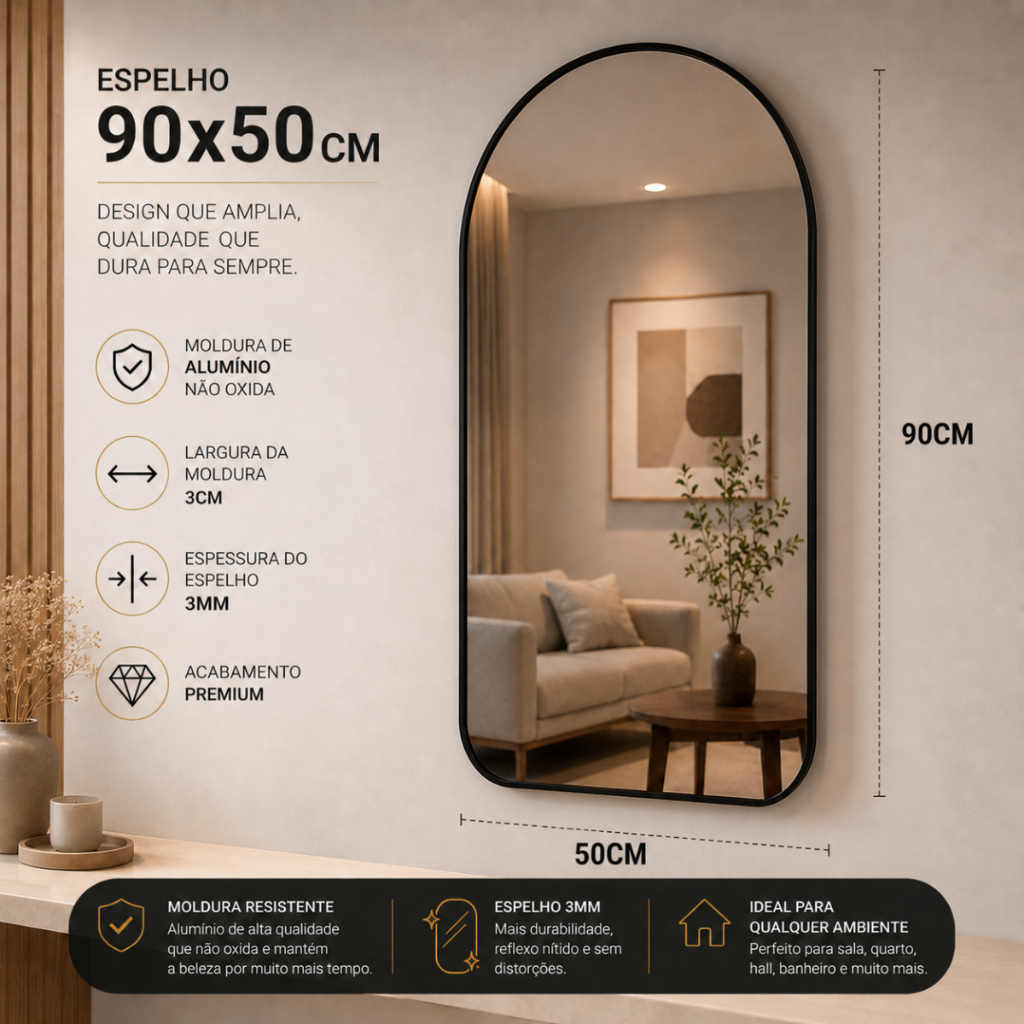 Espelho Base Reta 90X50cm Grande Corpo Inteiro Moldura Alumínio Sala Quarto Hall Pinterest Closet