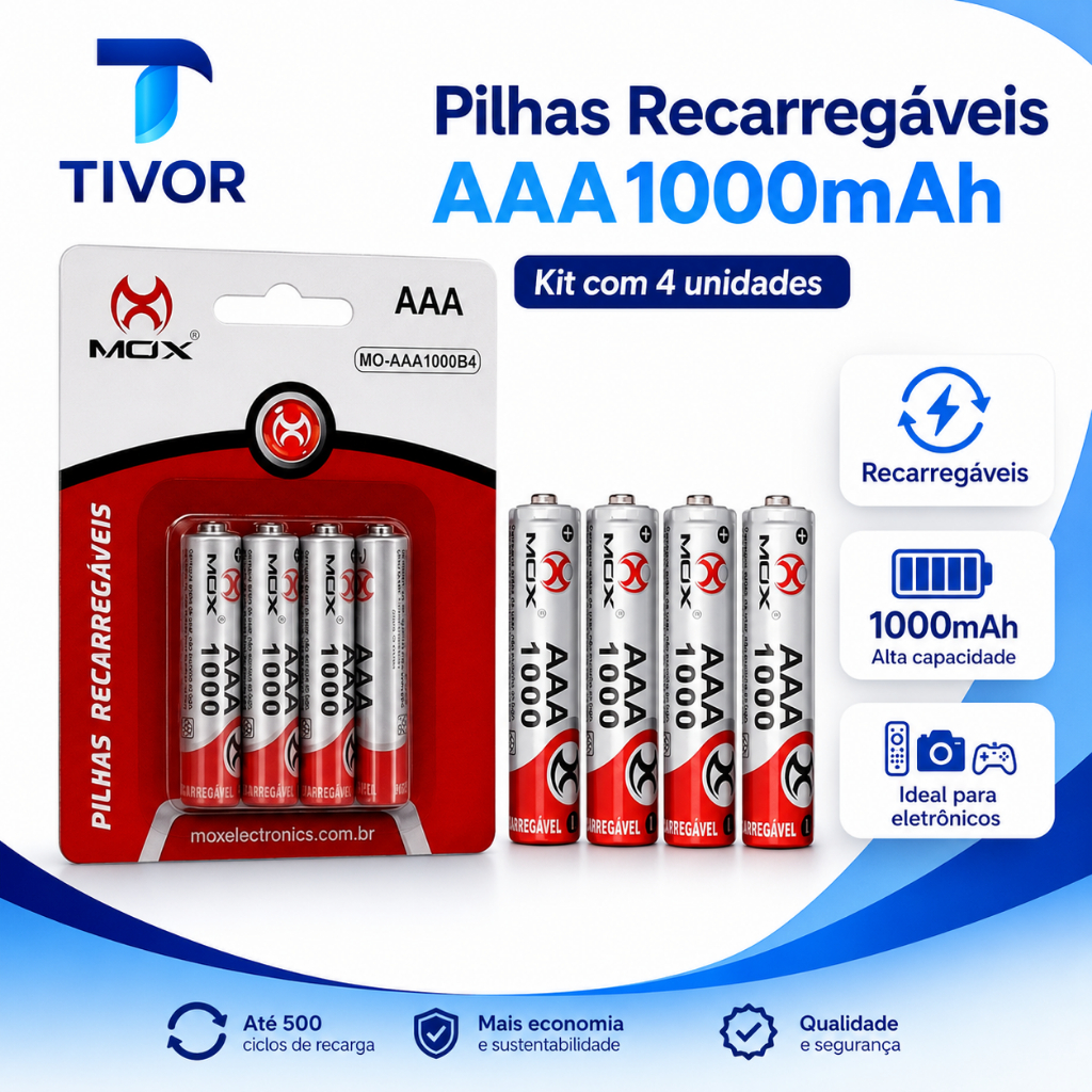 Pilha Recarregável Palito AAA 1000mah Cartela 4 Pçs Mox