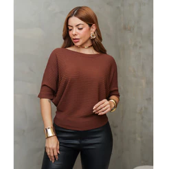 Blusa Feminina Manga Morcego Canelado Modal Fresco Elegante Confortável 3RD SD1583