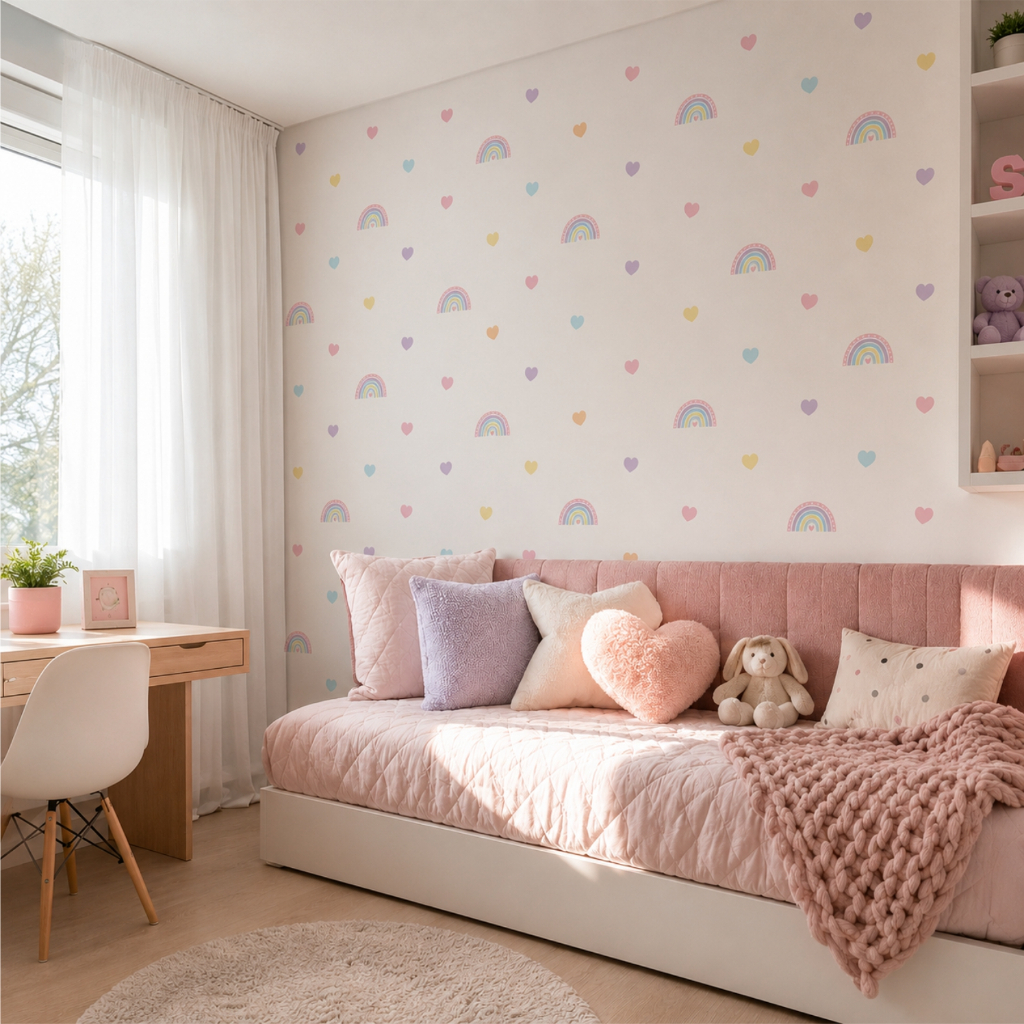 Adesivo Infantil de Parede Decorativo Arco-Íris + kit Coração Pastéis 4cm