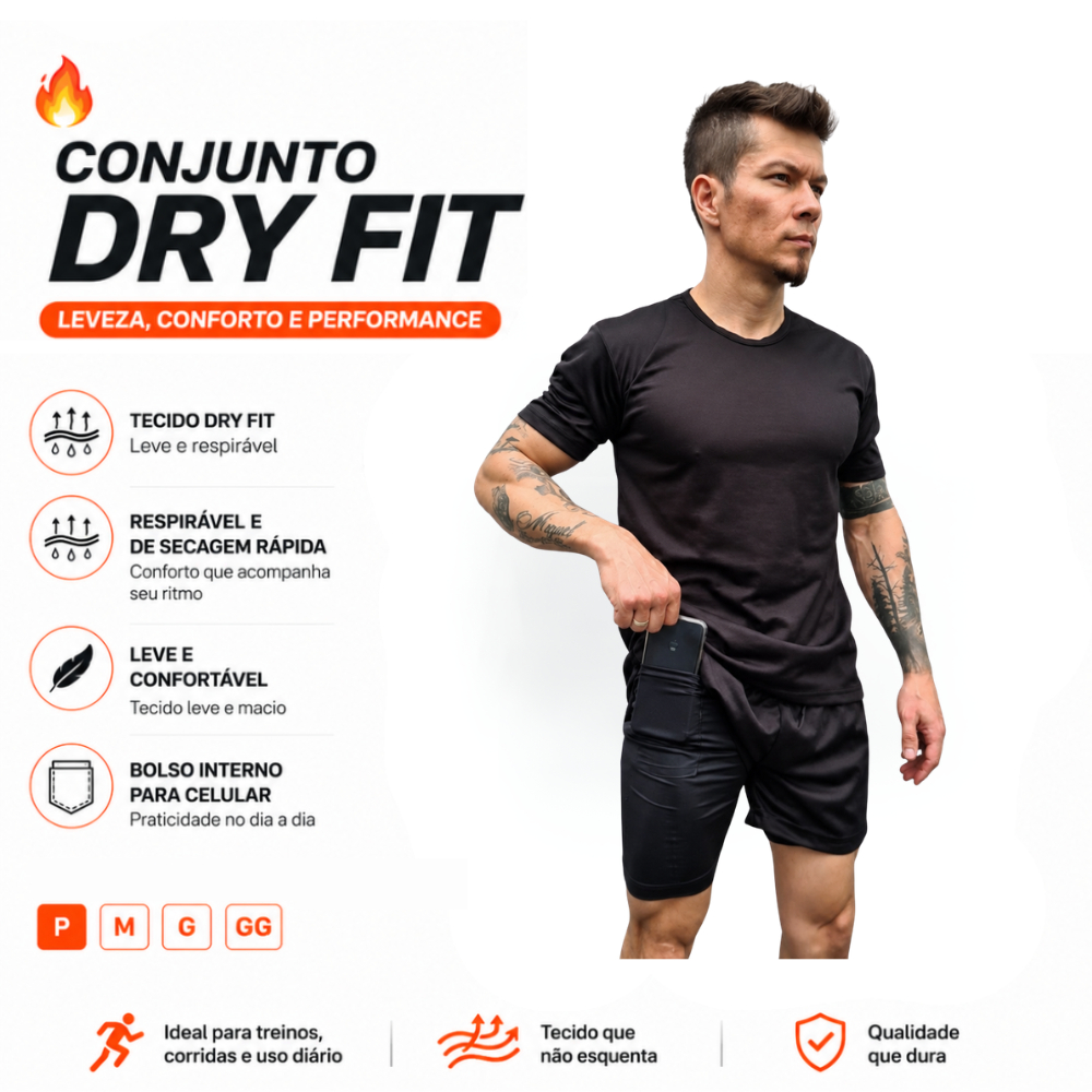 Conjunto Academia Short 2 Em 1 + Camiseta Dry Fit Masculino