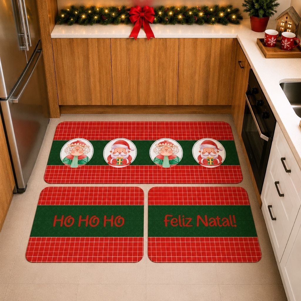 KIT 03 TAPETES PARA COZINHA NATALINO ANTIDERRAPANTE NATAL MAMÃE E PAPAI NOEL