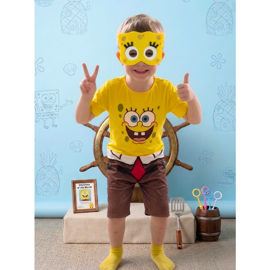 Fantasia Infantil Bob Esponja C/mascara E.v.a Macacão Curto Sem Enchimento Desenho