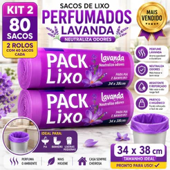 Saco de Lixo Perfumado Lavanda 80 Unidades Kit 2 Rolos Reforçado Para Pia Banheiro Cozinha 34x38cm Anti Odor Neutraliza