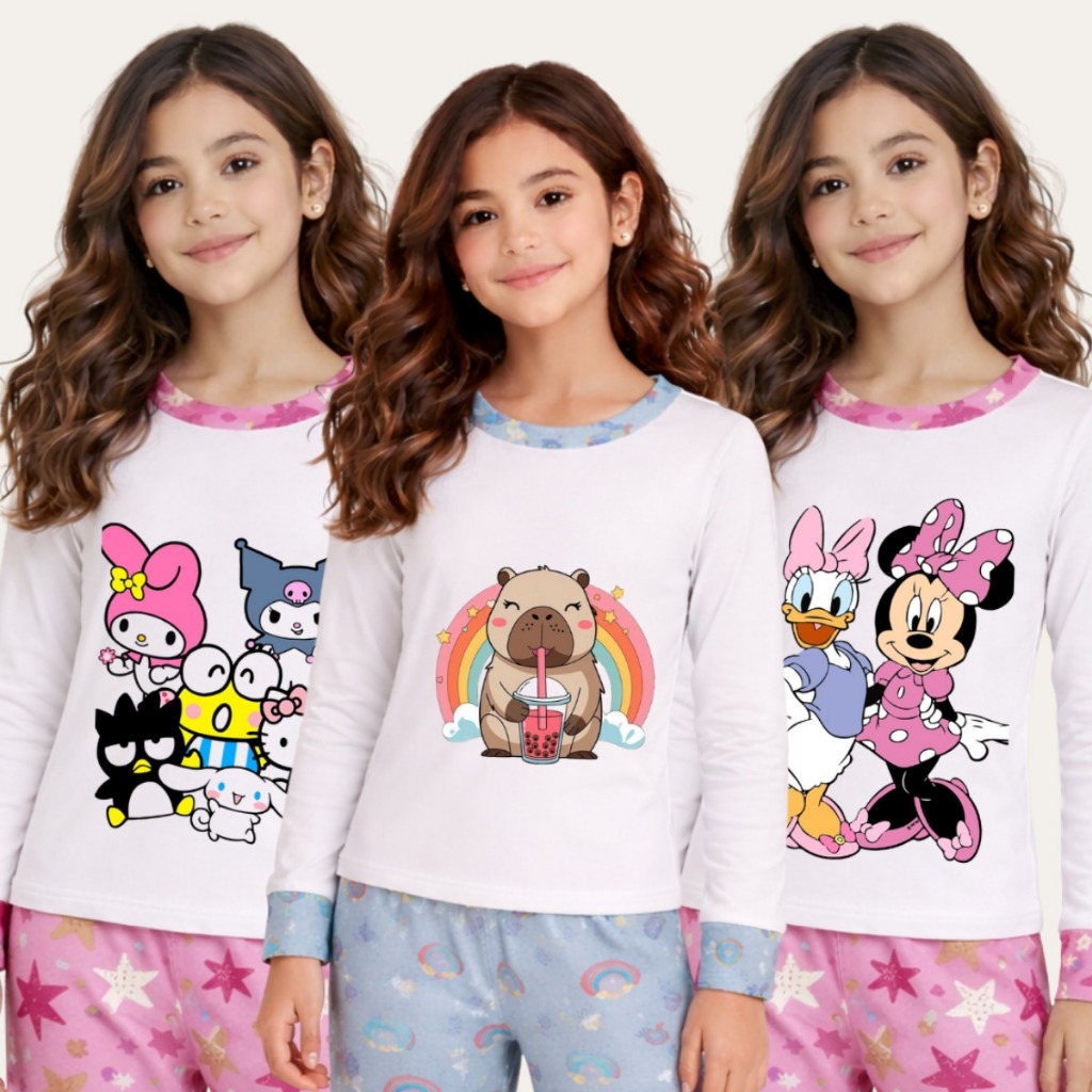 Kit 3 Pijamas Menina Infantil Feminino Macio Manga Longa Confortável Estampado Sortido