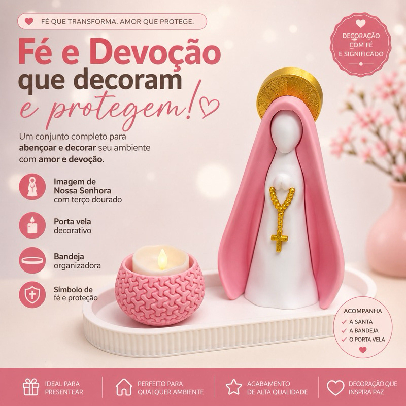 Kit Nossa Senhora Decorativa com Bandeja e Porta Vela | Decoração Religiosa Moderna | Presente Católico
