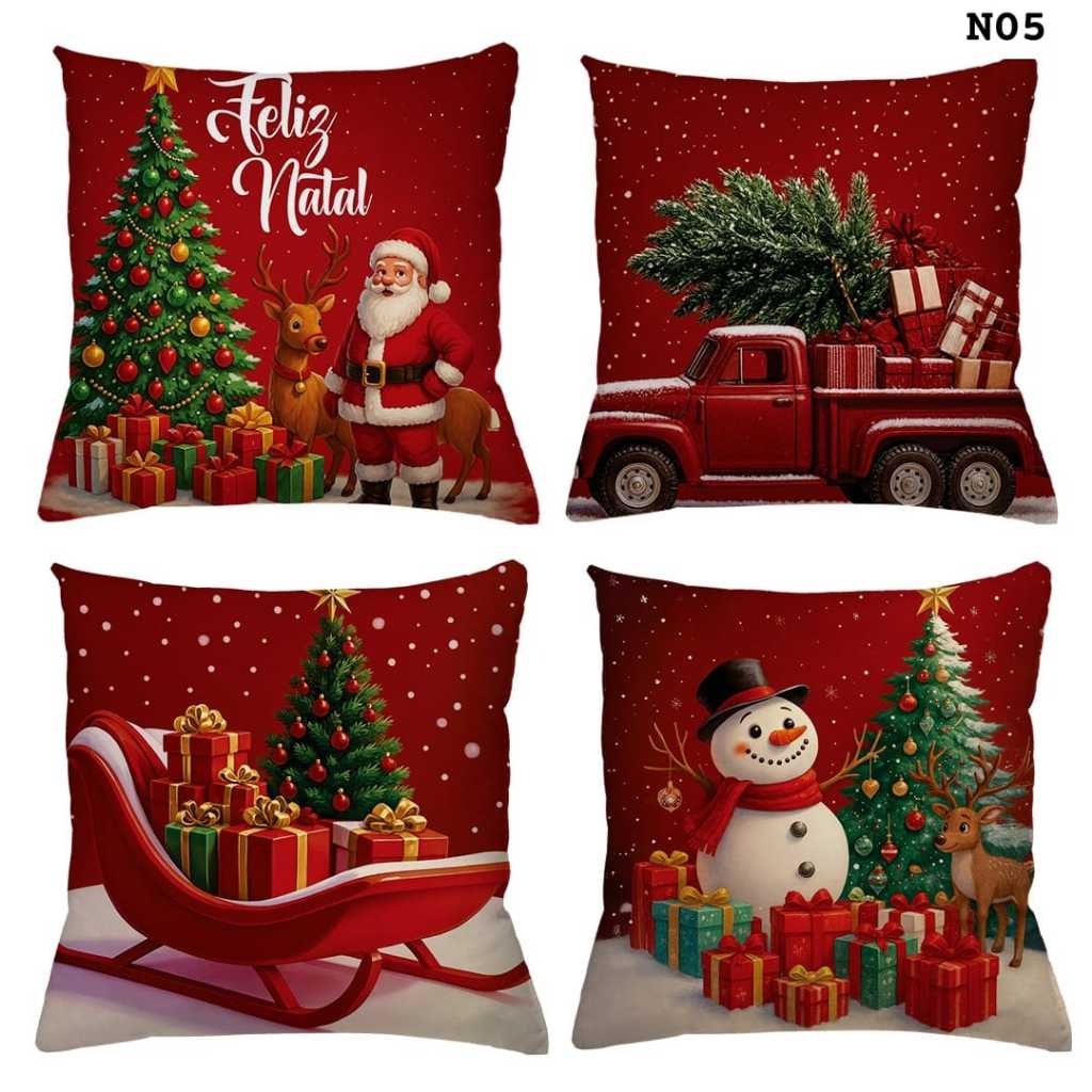 Kit 4 Capas de Almofadas Natalinas 45x45cm Estampadas Decorativas para Sofá, sala e Decoração de Natal