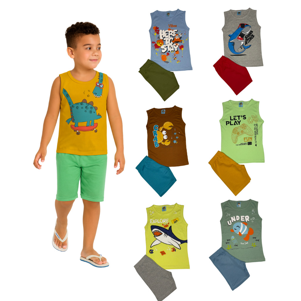 Kit 4 Peças Sortido Conjunto Regata Infantil Menino Verão 2 regatas 2 bermudas tamanho 1 2 3 4 6 8