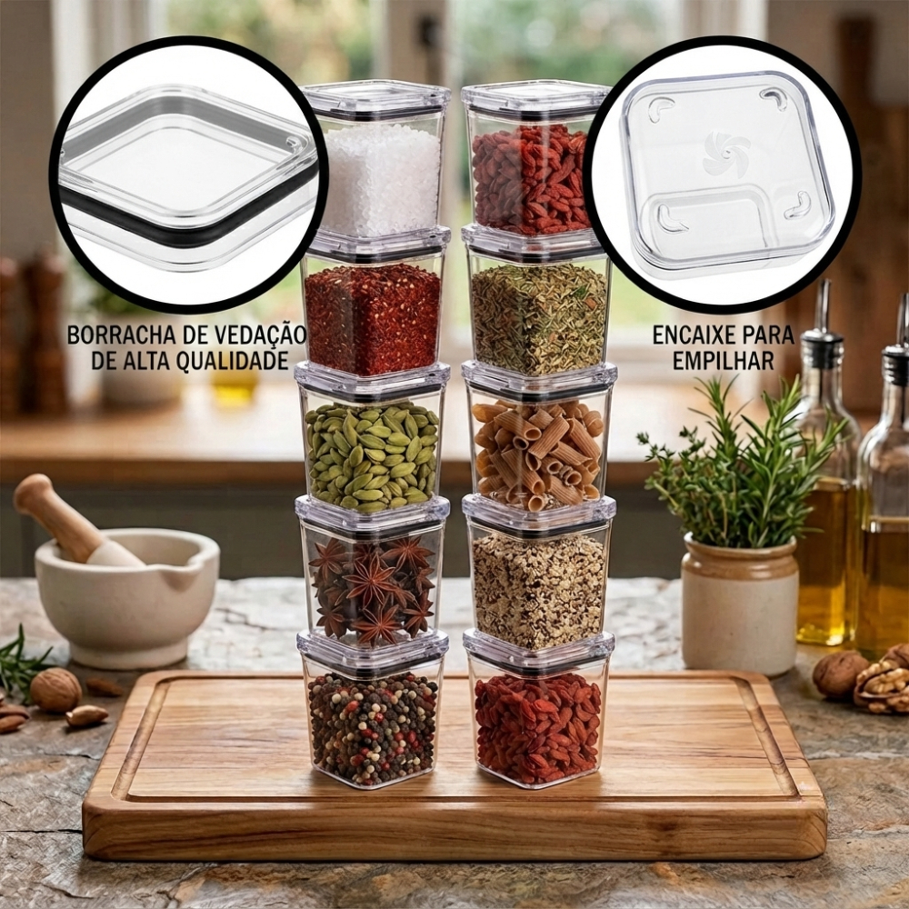 Kit 2 a 6 Potes Hermetico 200ml Acrilico Cristal Tempero Organizador de Alimentos Vedação Empilhavel