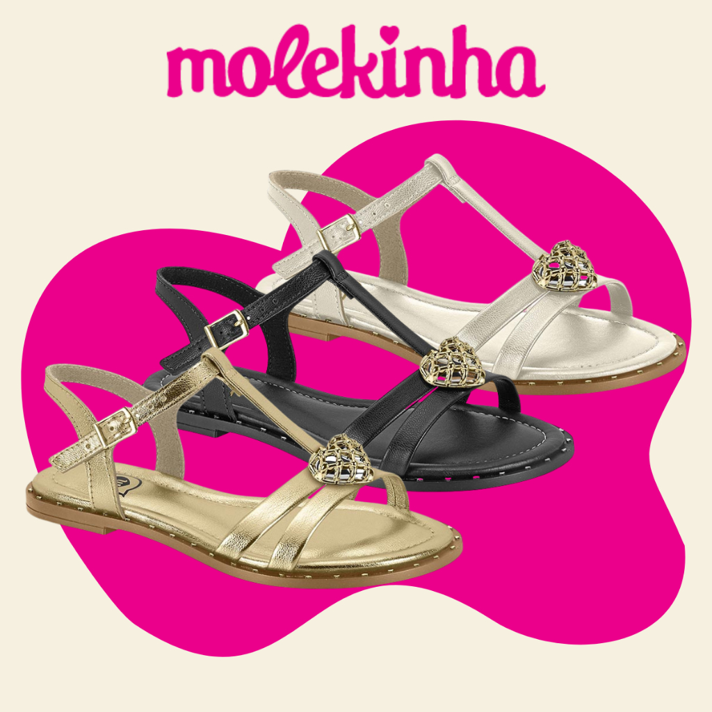 Sandália Feminina Molekinha Rasteirinha Menina Confortável Pingente Ajustável Elegante Casual