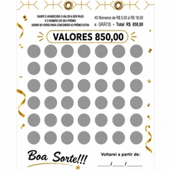 Cartela de Raspadinha com 40 Números e Valores para Sorteios