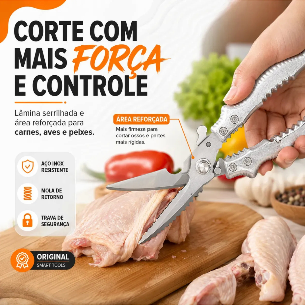 Tesoura Profissional de Cozinha 7 em 1  Inox  para Frango Legumes Carnes Aves