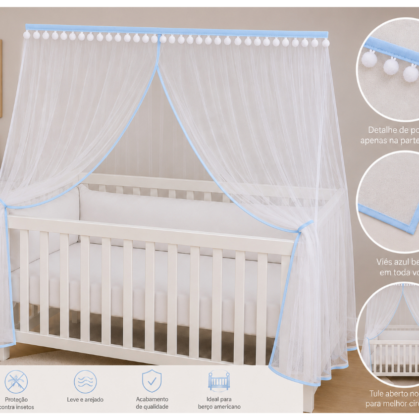 Mosquiteiro Berço Americano com Viés e Pompom Branco 5,50x1,20 Tule Proteção Contra Insetos Decoração Quarto Bebê — imagem 2 de 2