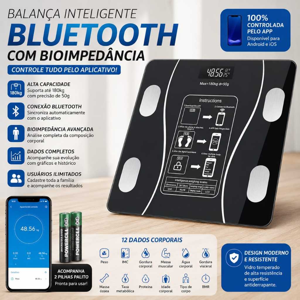 Balança Bioimpedancia Digital,com aplicativo, Bluetooth, Corporal e análise de umidade humana até 180kg,