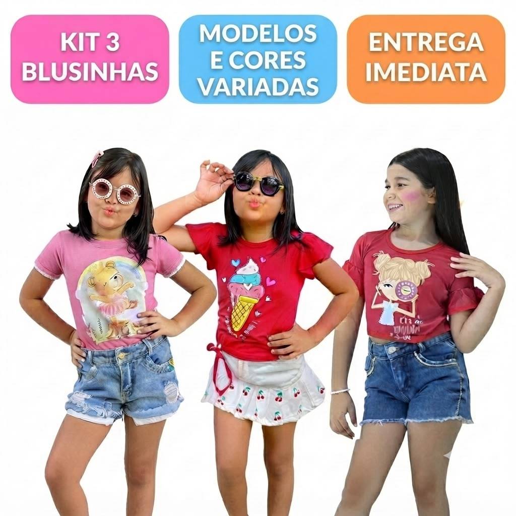 Kit 3 Camiseta Infantil Menina  Feminina Estampada Modelos Variados Cores e Modelos 100% Algodão Tamanho 4 ao 8