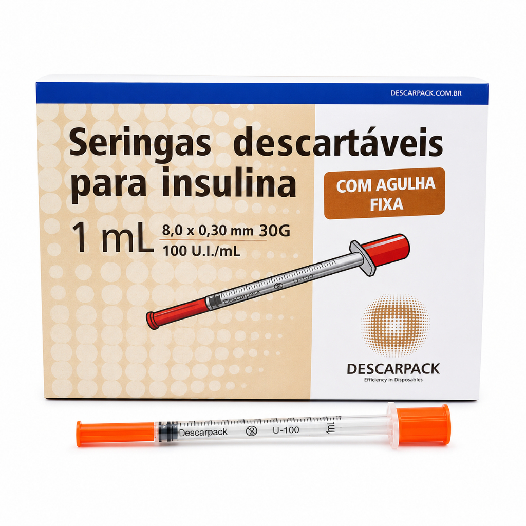 Seringa Insulina Descarpack 1ml com Agulha Fixa 8x0,30mm 30G - 5/10/20/30 unidades