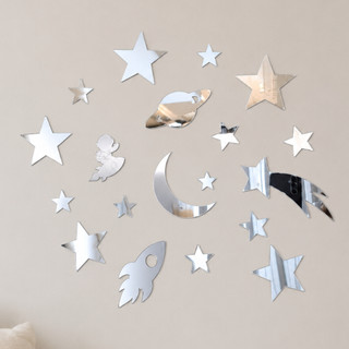 Kit Espelhos Decorativos Acrílico Espelhado Espacial Foguete Planetas Parede Infantil Decoração
