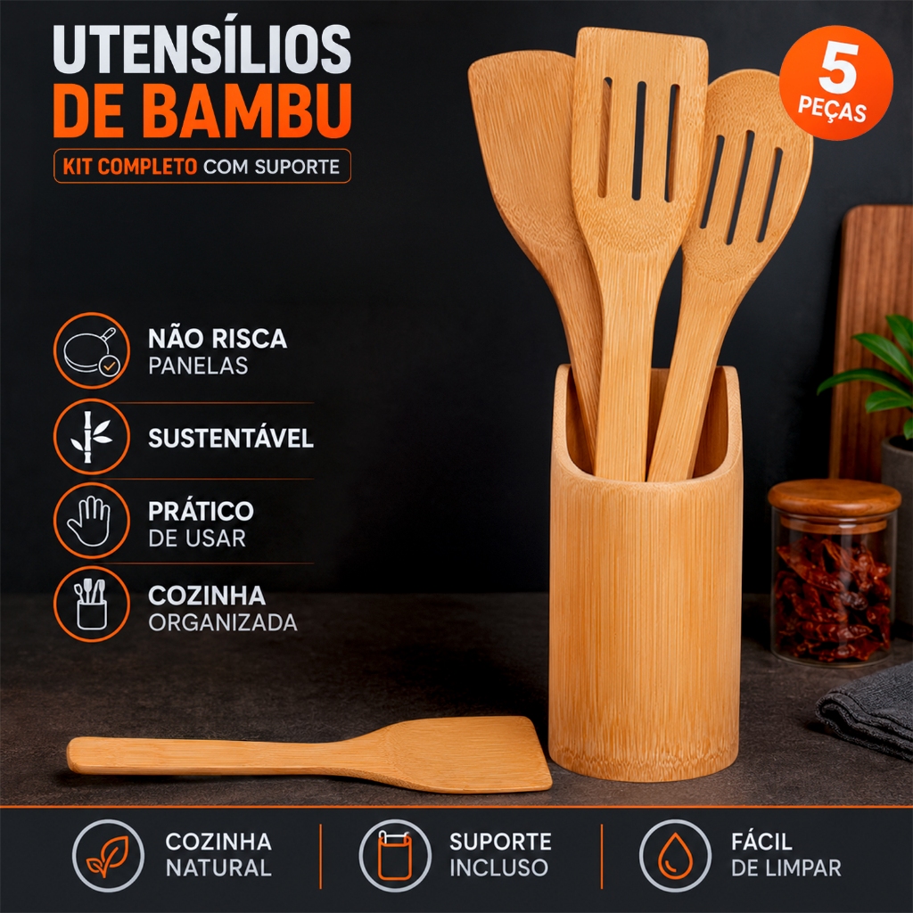 Kit Utensílios de Bambu com Suporte 5 Peças para Cozinha 30cm Não Risca Panelas