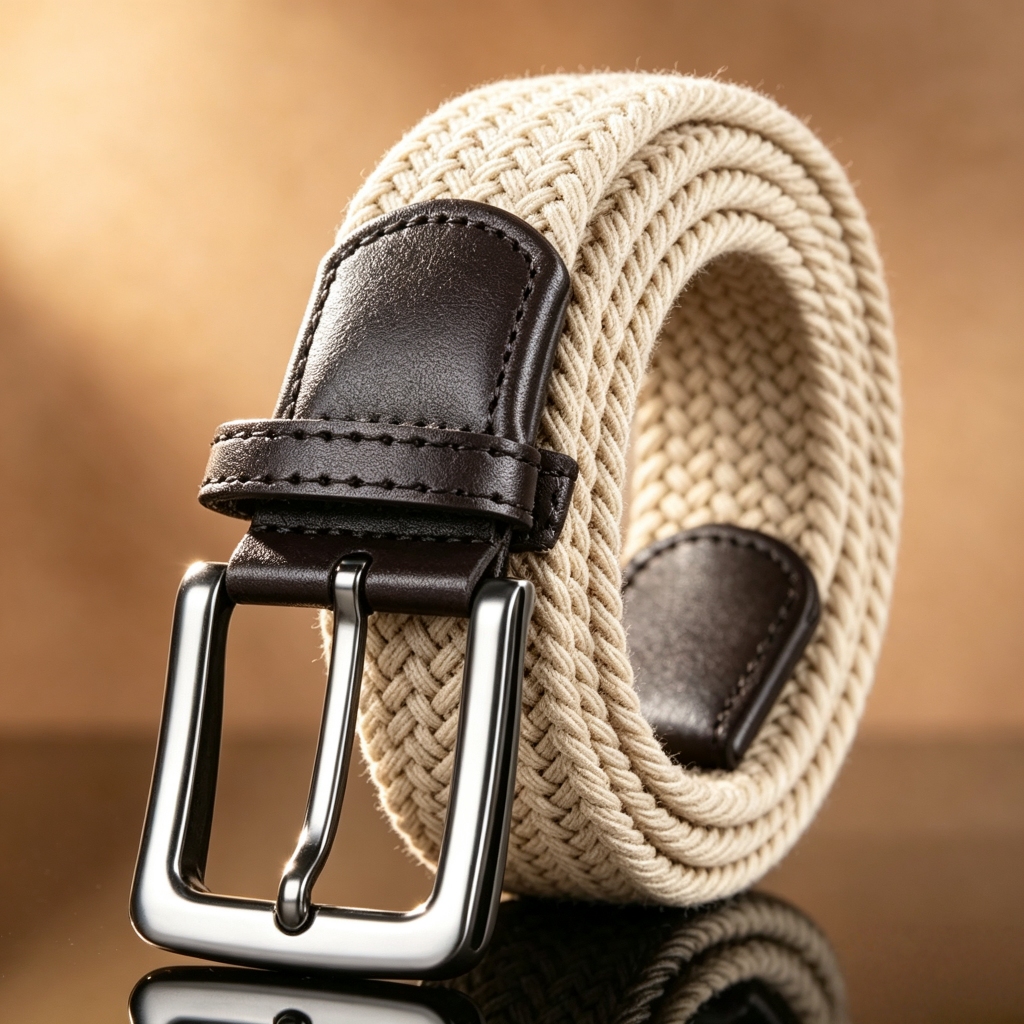 Cinto Social Masculino: Tecido Trançado Elástico com Ponteiras de Couro - Estilo Versátil e Confortável