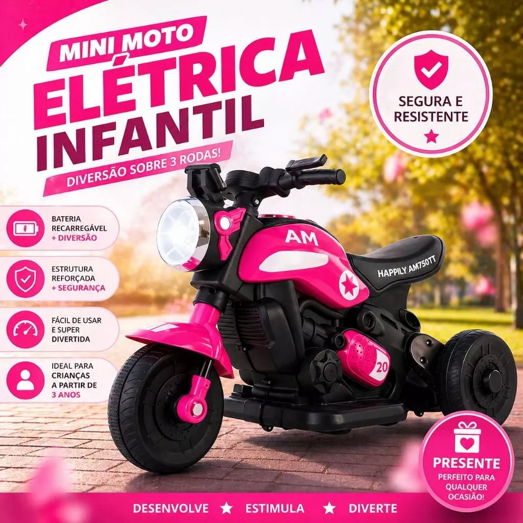 Mini Moto Elétrica Infantil +3 anos 6V Luz Som Recarregável Até 30kg Inmetro medidas na descrição