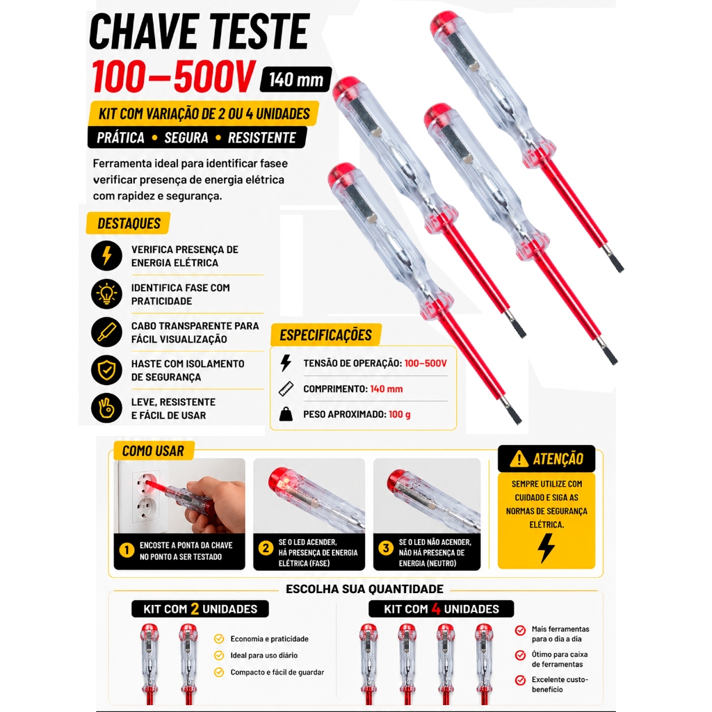 Kit 2 Chave Teste Fenda Detector De Tensão Eletricidade