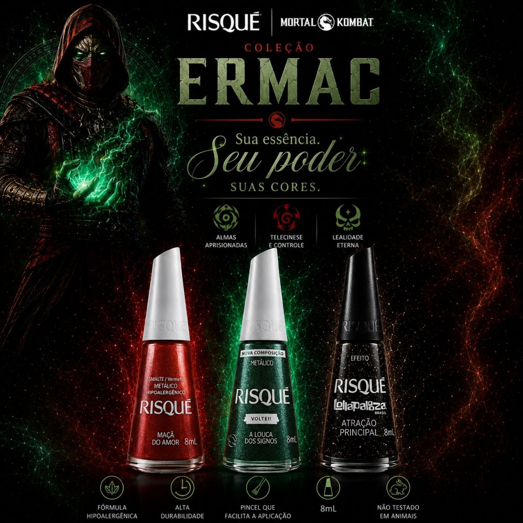 Imagem Kit Ermac 3 Esmaltes Risqué Vermelho e Verde Metálico e Preto Glitter Maçã do Amor + A Louca dos Signos + Atração Princi
