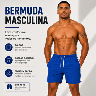 Bermuda Masculina Elastano Poliéster Academia Corrida Praia Caminhada Leve Com Bolso Casual
