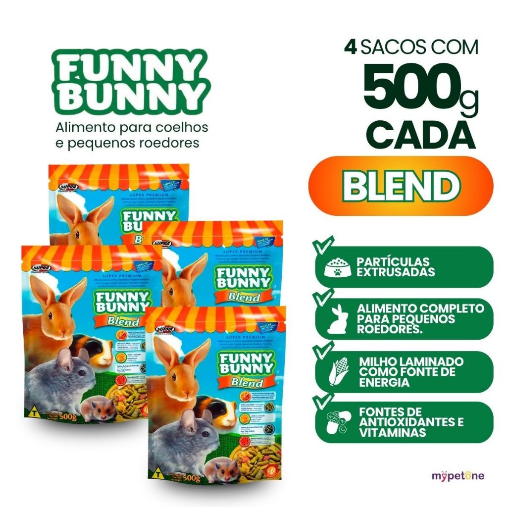 4 Ração Funny Bunny 500g Blend Coelhos e Pequenos Roedores