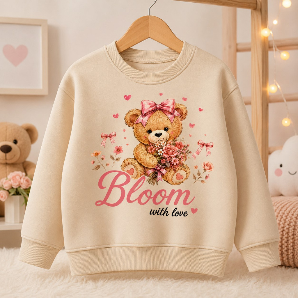 Blusa de Moletom Infantil Feminino Redonda Gola Estampa Ursinha Bloom Fofa Menina Casaco Quentinho de Frio