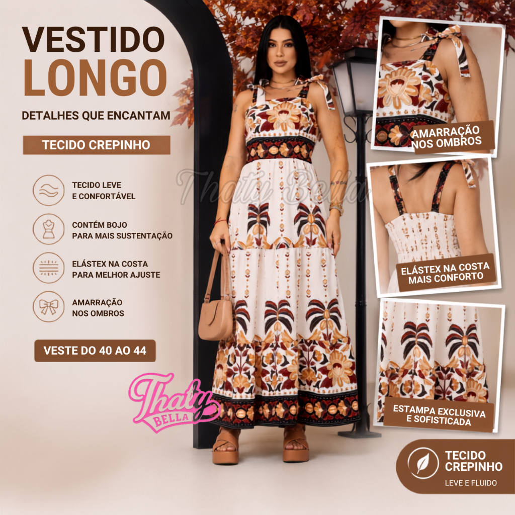 Vestido Longo Feminino Tecido Crepinho Alça Regulável e Lastex na Costa Estampado Indiano Soltinho Chic 40 a 44